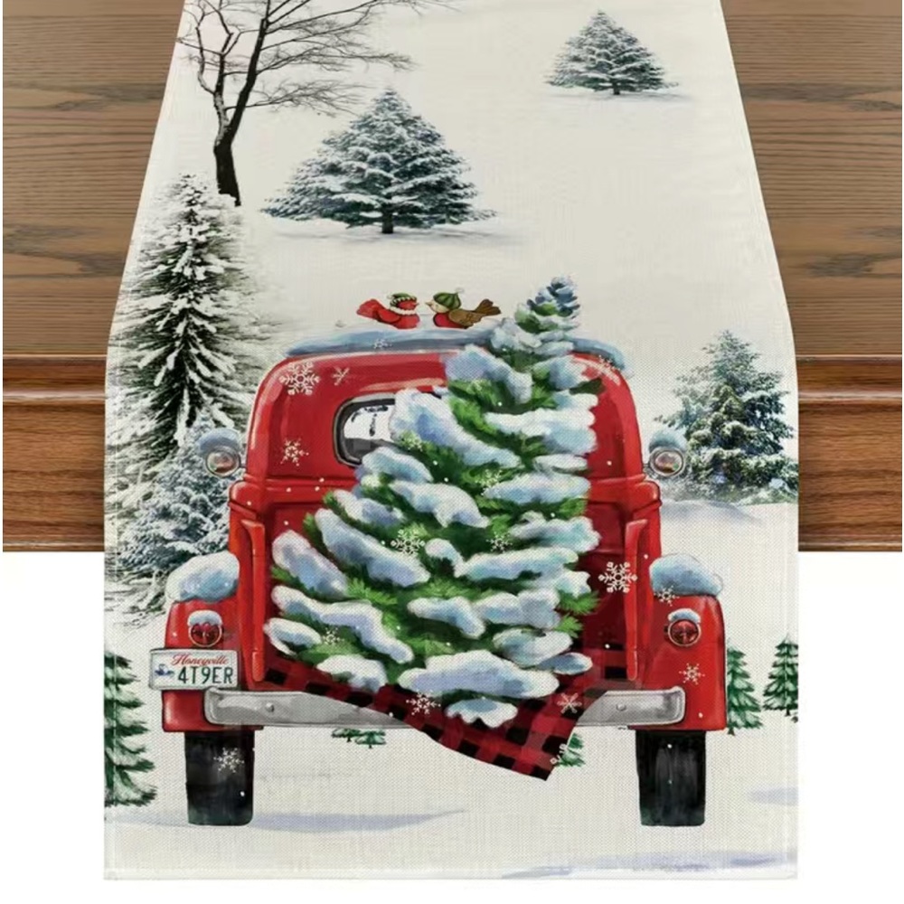 NIP Christmas Table Runner Christmas Red Truck & Snowy Trees “72” x 13”